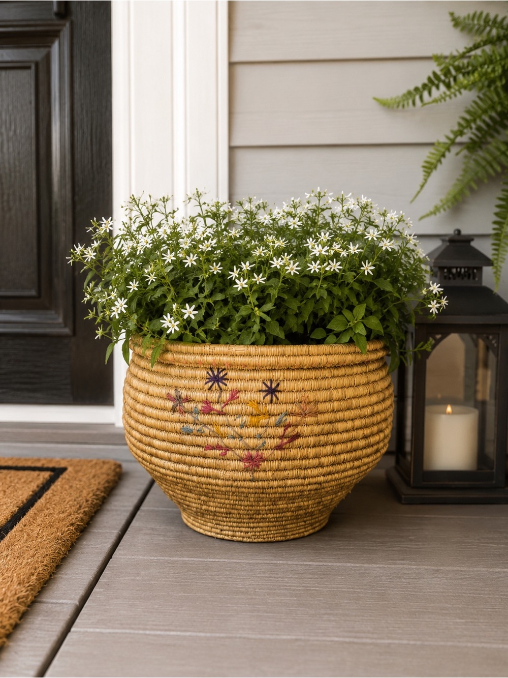 Vintage Handwoven Basket with Floral Embroidery